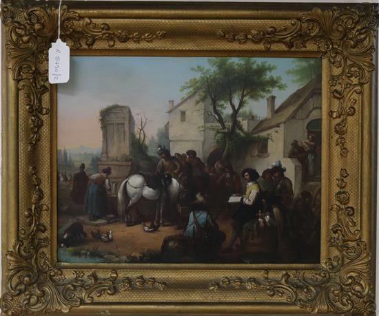 19th century German School, oil on zinc, cavaliers outside a tavern, 27 x 35cm